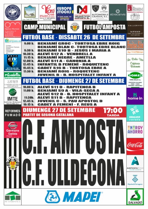 Jornada 2 SEGONA CATALANA GRUP 6. Diumenge 27 de setembre 17:00 hores: CF AMPOSTA - CF ULLDECONA